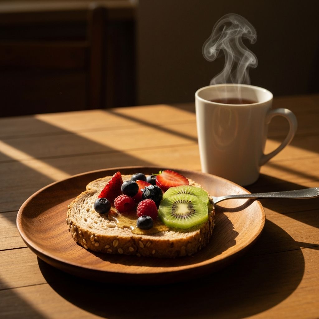 Целозърнати хлеб, сваен плод и уље на дрвеној тарелці
