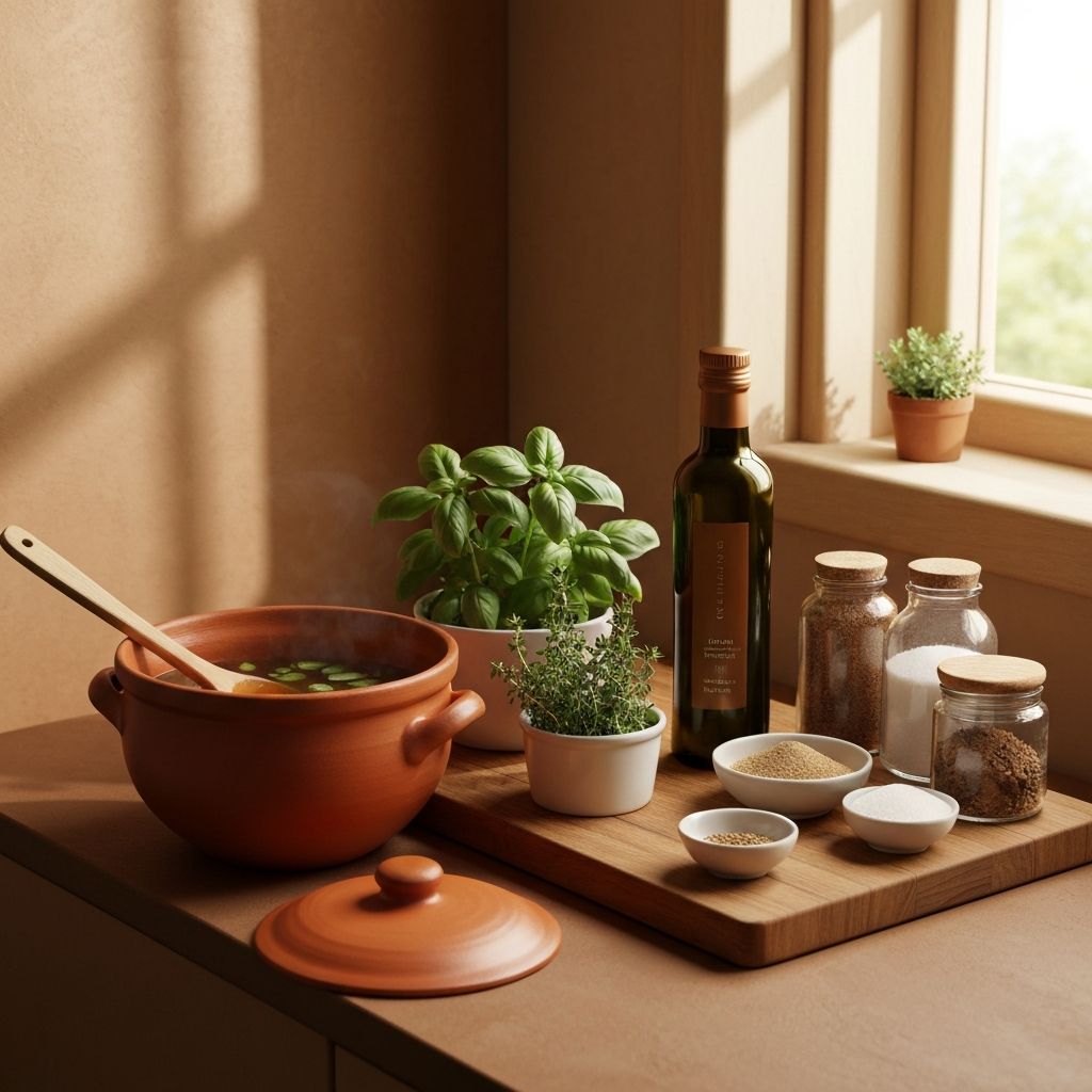 Кухненски инструменти - дрвена лажица у пошаку, свежи траве у малој посуди